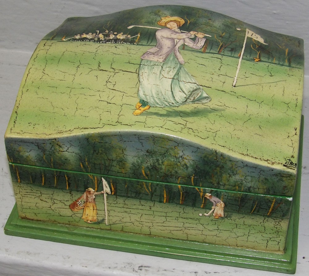Paint Decorated Dome Top Box with Female Golfers Labeled Robert Weiss: Paint Decorated Dome Top Box with Female Golfers Labeled Robert Weiss. 4 1/4" H 8" W 6 1/4" D ALL DESCRIPTIONS AND ANY CONDITION STATEMENT GIVEN BY LANGSTON AUCTION GALLERY ARE STRICTLY OPINIONS AND