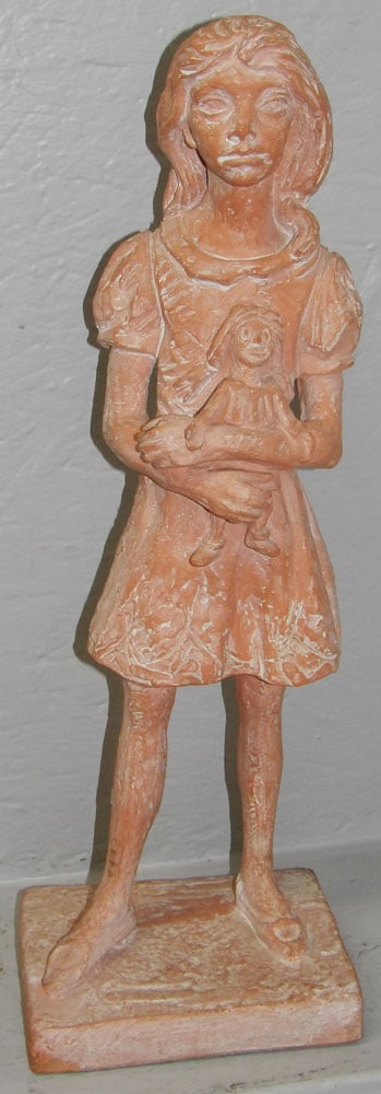 Stone Material or Terracotta Girl with Doll Sculpture by Leonardo Artworks: Stone Material or Terracotta Girl with Doll Sculpture by Leonardo Artworks. 20 1/2" H 7" W 5 1/2" D ALL DESCRIPTIONS AND ANY CONDITION STATEMENT GIVEN BY LANGSTON AUCTION GALLERY ARE STRICTLY