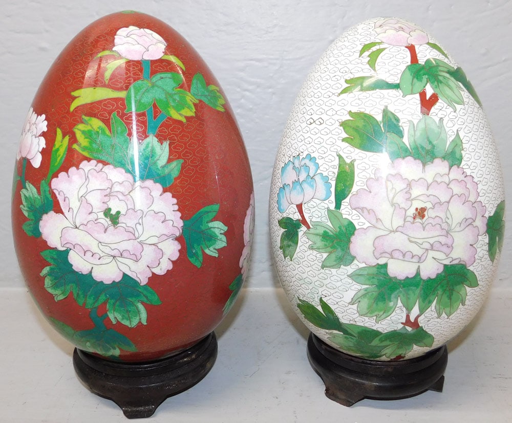 Two Large Cloisonne Eggs: Two Large Cloisonne Eggs . 11" H 6 1/4" Dia. ALL DESCRIPTIONS AND ANY CONDITION STATEMENT GIVEN BY LANGSTON AUCTION GALLERY ARE STRICTLY OPINIONS AND LANGSTON'S SHALL HAVE NO RESPONSIBILITY FOR