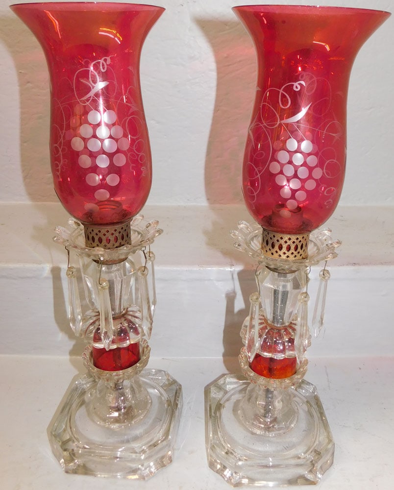 Pair of Glass & Ruby Cut to Clear Shade Lamps: Pair of Glass & Ruby Cut to Clear Shade Lamps . 18 1/4" H 5 1/4" Dia. ALL DESCRIPTIONS AND ANY CONDITION STATEMENT GIVEN BY LANGSTON AUCTION GALLERY ARE STRICTLY OPINIONS AND LANGSTON'S SHALL HAVE