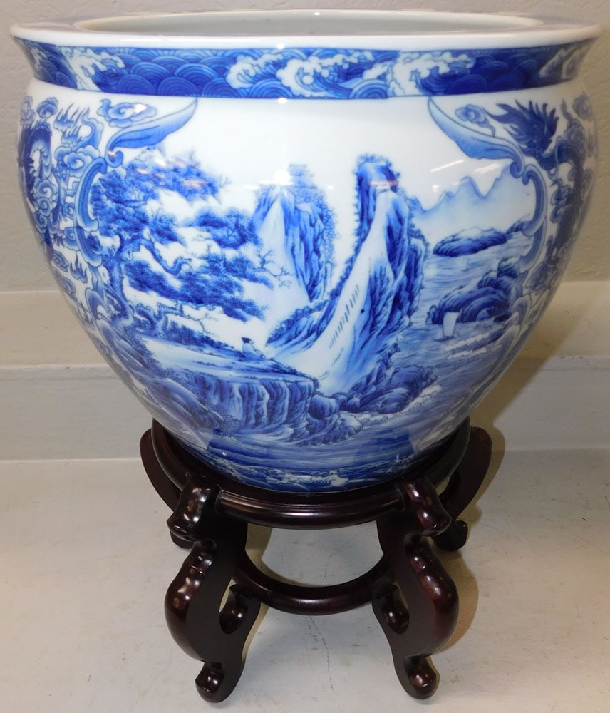 Oriental Blue & White Porcelain Jardiniere on Teak Wood Stand, (Has Hairline) (1 of 5)