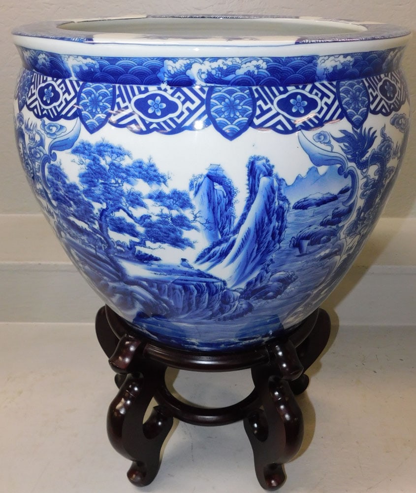 Large Oriental Blue & White Porcelain Jardiniere on Teak Wood Stand (1 of 5)
