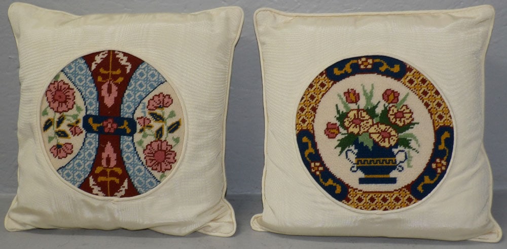 Pair of Needlepoint Pillows: Pair of Needlepoint Pillows . 13" x 13" ALL DESCRIPTIONS AND ANY CONDITION STATEMENT GIVEN BY LANGSTON AUCTION GALLERY ARE STRICTLY OPINIONS AND LANGSTON'S SHALL HAVE NO RESPONSIBILITY FOR ERRORS