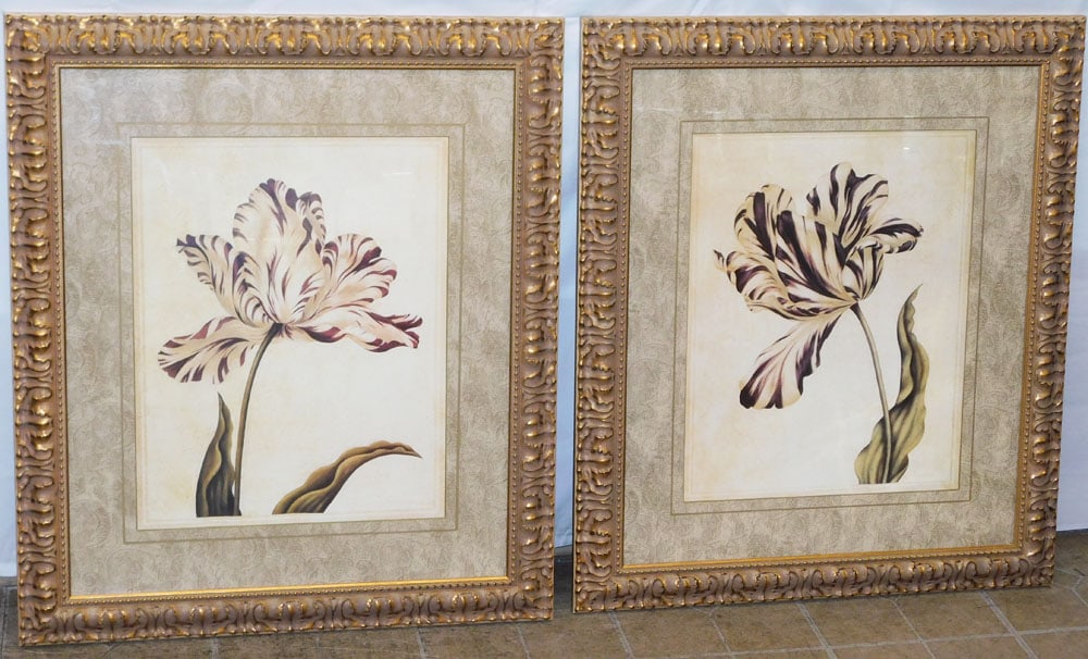 Pair of Large Ornate Framed 'Red Parrot Tulip' Prints by Bombay: Pair of Large Ornate Framed 'Red Parrot Tulip' Prints by Bombay. 36 1/4" x 31 1/4" ALL DESCRIPTIONS AND ANY CONDITION STATEMENT GIVEN BY LANGSTON AUCTION GALLERY ARE STRICTLY OPINIONS AND