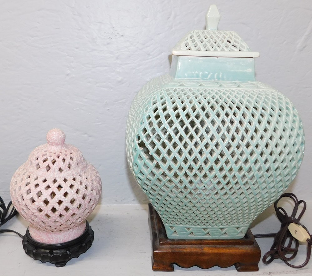 Two Oriental Open Work Porcelain Lamps: Two Oriental Open Work Porcelain Lamps . Up to 14 1/2" H 9" Dia. ALL DESCRIPTIONS AND ANY CONDITION STATEMENT GIVEN BY LANGSTON AUCTION GALLERY ARE STRICTLY OPINIONS AND LANGSTON'S SHALL HAVE NO