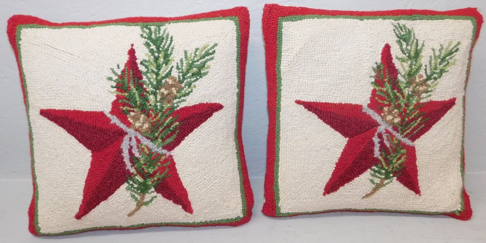 Pair of Hook Rug Pillows: Pair of Hook Rug Pillows . 15 1/4" x 15 1/4" ALL DESCRIPTIONS AND ANY CONDITION STATEMENT GIVEN BY LANGSTON AUCTION GALLERY ARE STRICTLY OPINIONS AND LANGSTON'S SHALL HAVE NO RESPONSIBILITY FOR