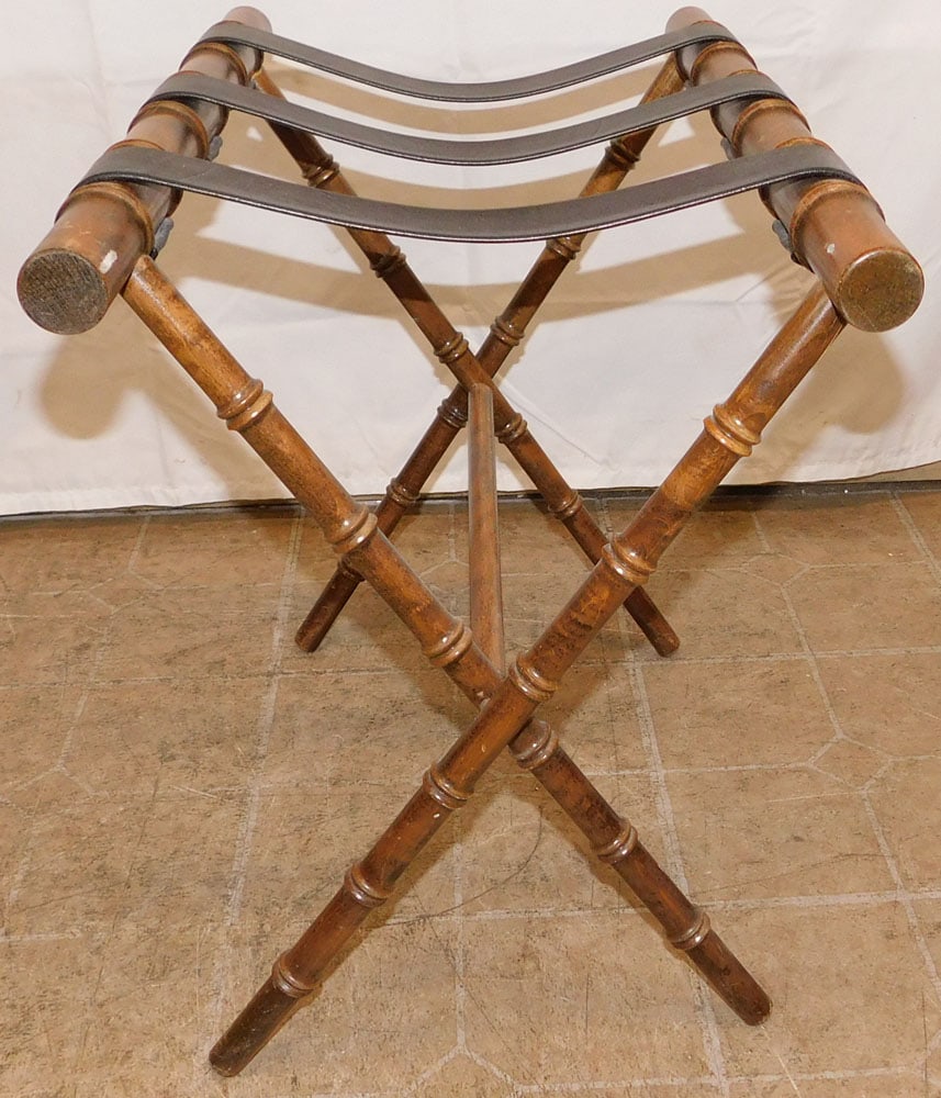 Cherry Faux Bamboo Luggage Rack: Cherry Faux Bamboo Luggage Rack. 20 1/4" H 22 1/4" W 15" D ALL DESCRIPTIONS AND ANY CONDITION STATEMENT GIVEN BY LANGSTON AUCTION GALLERY ARE STRICTLY OPINIONS AND LANGSTON'S SHALL HAVE NO