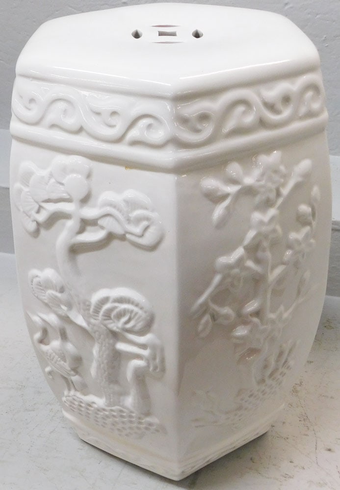 Oriental Porcelain Blanc De Chine Garden Seat: Oriental Porcelain Blanc De Chine Garden Seat . 19" H 13" Dia. ALL DESCRIPTIONS AND ANY CONDITION STATEMENT GIVEN BY LANGSTON AUCTION GALLERY ARE STRICTLY OPINIONS AND LANGSTON'S SHALL HAVE NO RESPONS