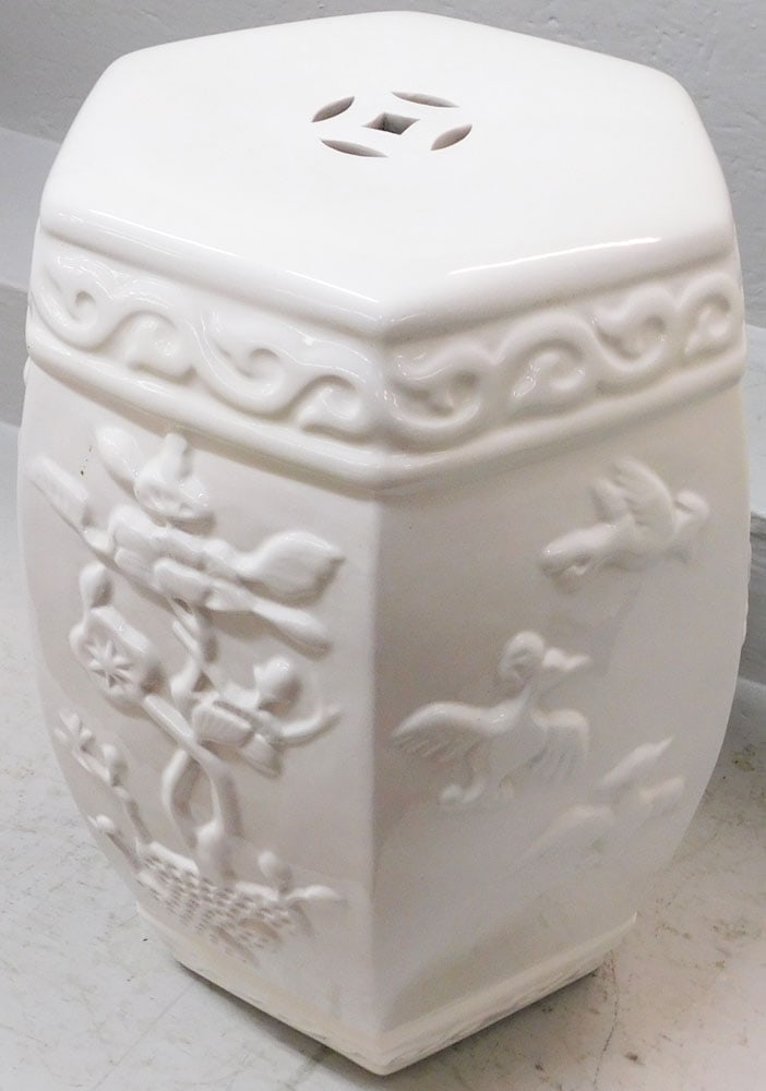 Oriental Porcelain Blanc De Chine Garden Seat: Oriental Porcelain Blanc De Chine Garden Seat . 19" H 13" Dia. ALL DESCRIPTIONS AND ANY CONDITION STATEMENT GIVEN BY LANGSTON AUCTION GALLERY ARE STRICTLY OPINIONS AND LANGSTON'S SHALL HAVE NO RESPONS