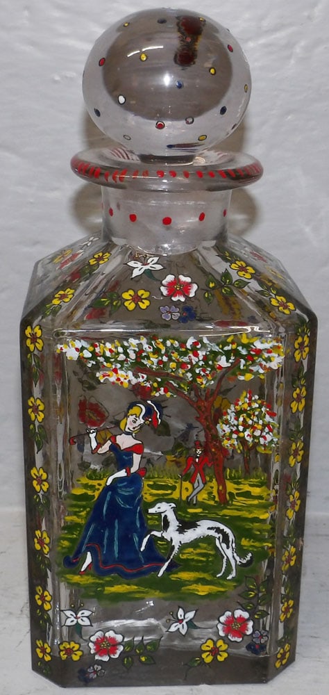 Antique Enamel Decorated Glass Decanter with Lady & Whippet Motif: Antique Enamel Decorated Glass Decanter with Lady & Whippet Motif. 9" H 4" Dia. ALL DESCRIPTIONS AND ANY CONDITION STATEMENT GIVEN BY LANGSTON AUCTION GALLERY ARE STRICTLY OPINIONS AND LANGSTON'S