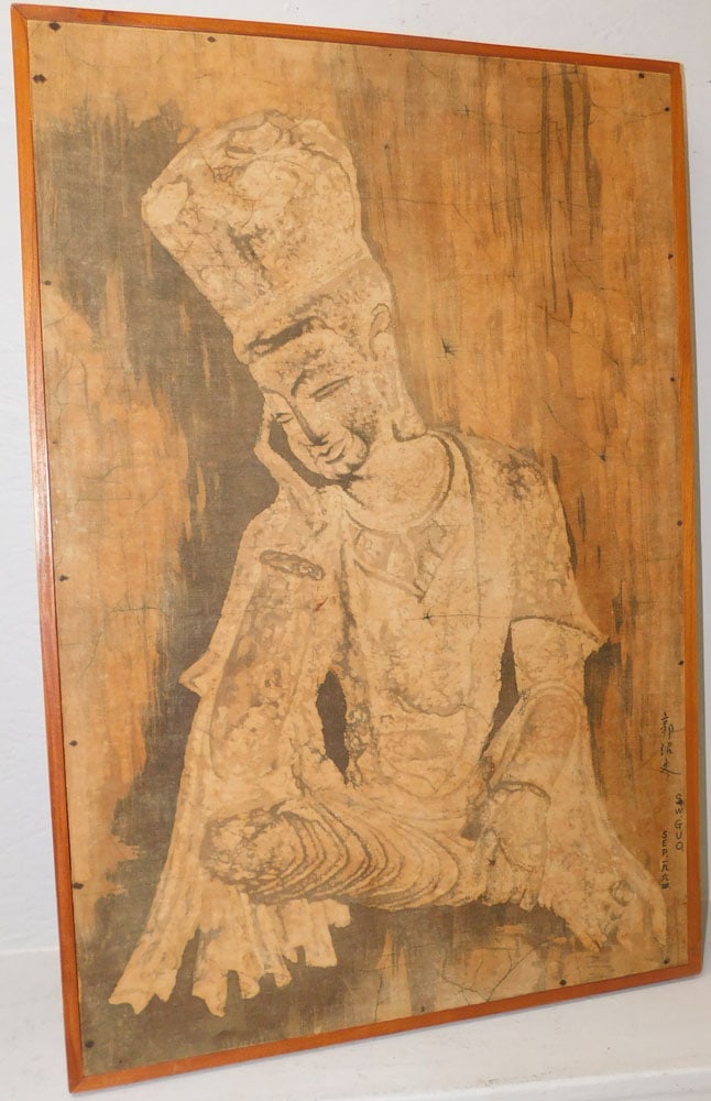 Teak Wood Framed Canvas Laid on Wood of an Oriental Deity: Teak Wood Framed Canvas Laid on Wood of an Oriental Deity. 33" x 22" ALL DESCRIPTIONS AND ANY CONDITION STATEMENT GIVEN BY LANGSTON AUCTION GALLERY ARE STRICTLY OPINIONS AND LANGSTON'S SHALL HAVE