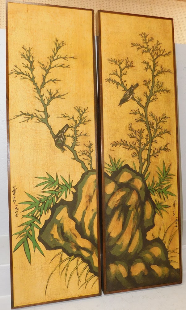 Pair of Teak Wood Frame Art Batik Paintings on Canvas Signed with Character Marks: Pair of Teak Wood Frame Art Batik Paintings on Canvas Signed with Character Marks . 48 3/4" x 14 3/4" ALL DESCRIPTIONS AND ANY CONDITION STATEMENT GIVEN BY LANGSTON AUCTION GALLERY ARE STRICTLY