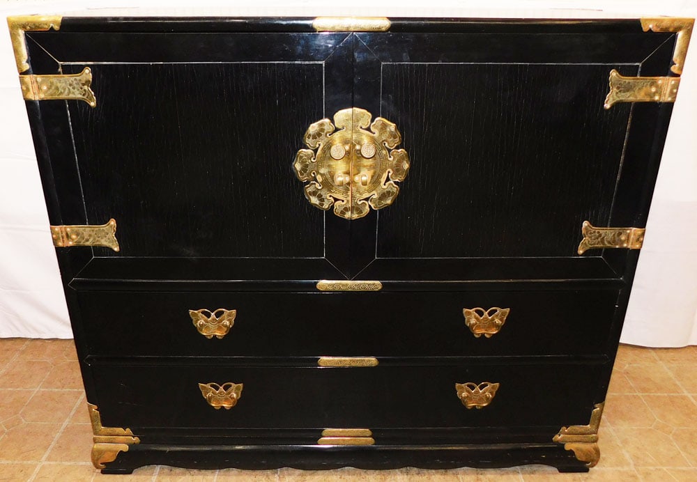 Black Lacquered & Brass Bound Oriental Two Door Cabinet with Fitted Interior (1 of 10)