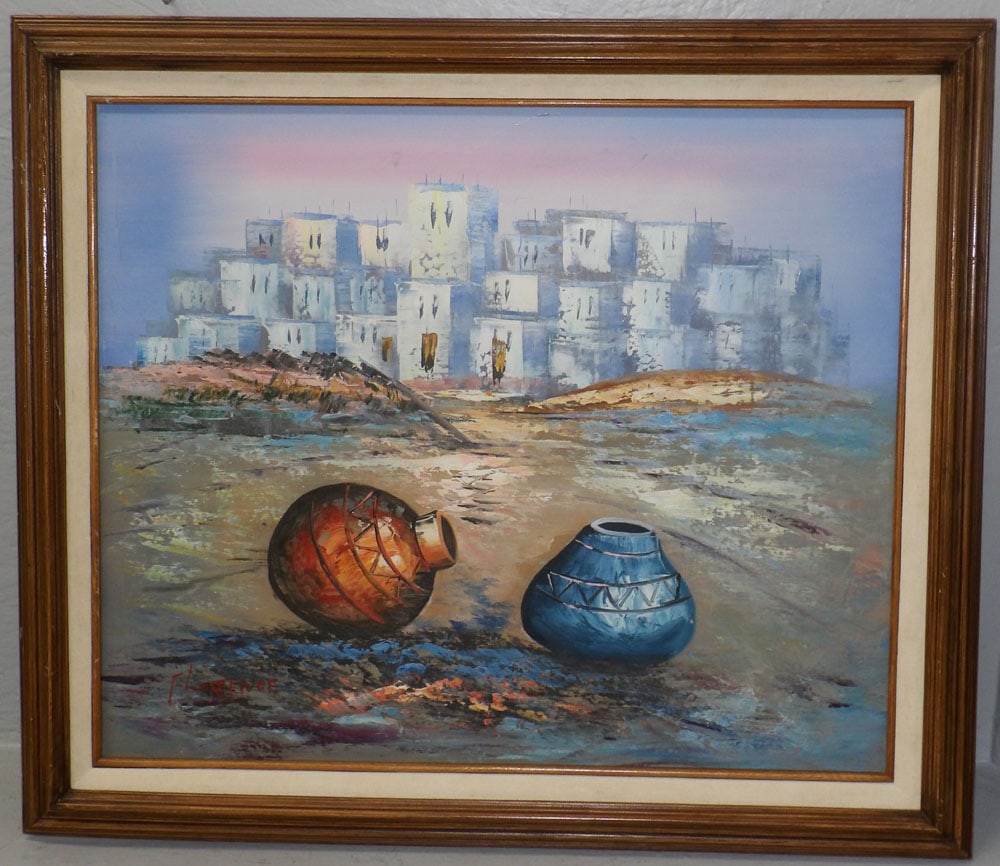Framed Oil on Canvas Still Life of Southwestern Landscape with Pottery Jars Artist Signed: Framed Oil on Canvas Still Life of Southwestern Landscape with Pottery Jars Artist Signed. 25" x 29" ALL DESCRIPTIONS AND ANY CONDITION STATEMENT GIVEN BY LANGSTON AUCTION GALLERY ARE STRICTLY OPINION