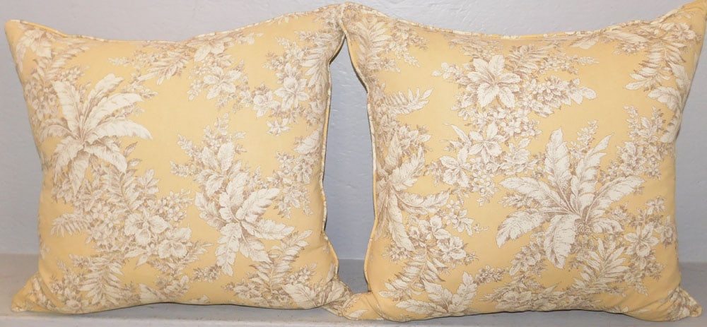 Pair of Country French Toile Decorated Yellow & White Botanical Pillows: Pair of Country French Toile Decorated Yellow & White Botanical Pillows. 21" x 21 1/2" ALL DESCRIPTIONS AND ANY CONDITION STATEMENT GIVEN BY LANGSTON AUCTION GALLERY ARE STRICTLY OPINIONS AND LANGSTON