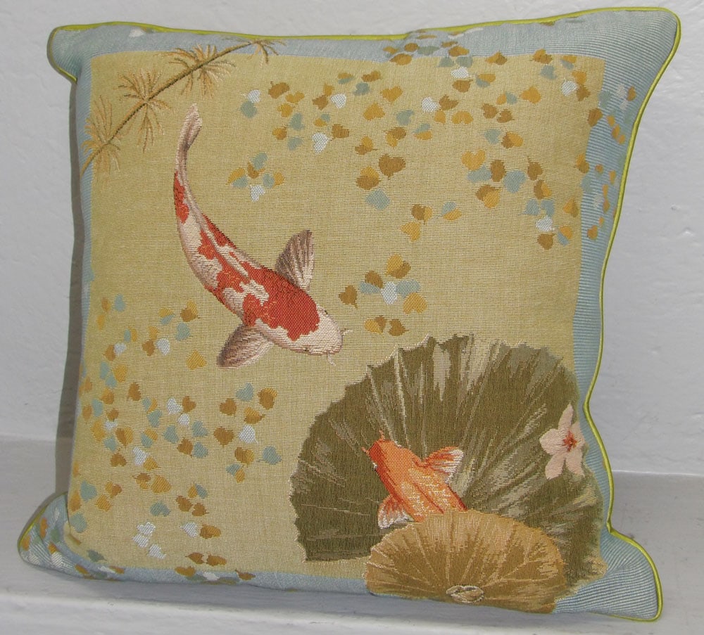 Decorative Tapestry Pillow with Koi Fish Motif Labeled by Iosis Paris, France: Decorative Tapestry Pillow with Koi Fish Motif Labeled by Iosis Paris, France . 18" x 17" ALL DESCRIPTIONS AND ANY CONDITION STATEMENT GIVEN BY LANGSTON AUCTION GALLERY ARE STRICTLY OPINIONS AND LANGS