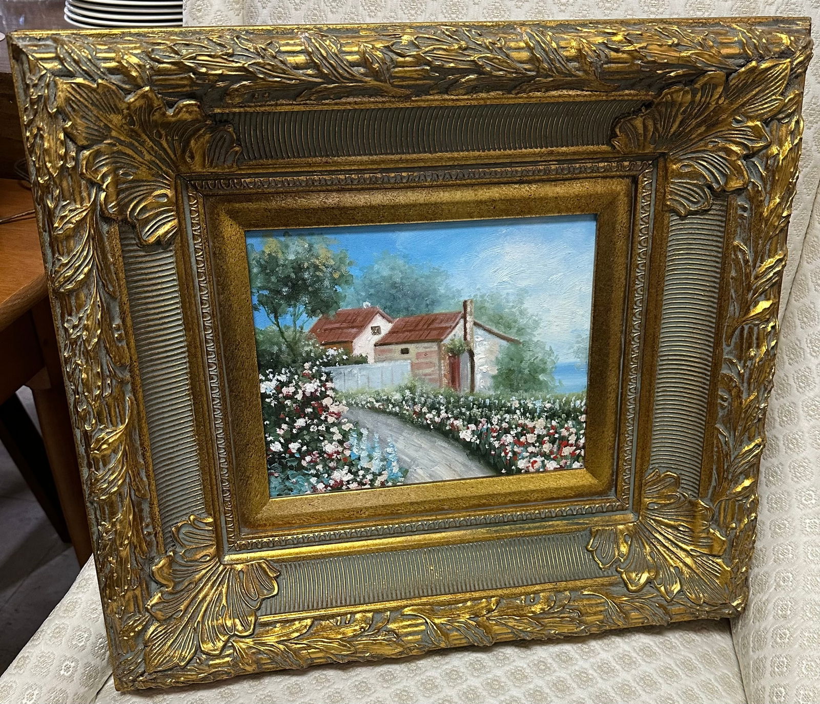 Ornate Gilded Frame Oil on Board of a Cottage in Floral Landscape: Ornate Gilded Frame Oil on Board of a Cottage in Floral Landscape. 17 1/2" x 19 1/4" ALL DESCRIPTIONS AND ANY CONDITION STATEMENT GIVEN BY LANGSTON AUCTION GALLERY ARE STRICTLY OPINIONS AND LANGSTON'S