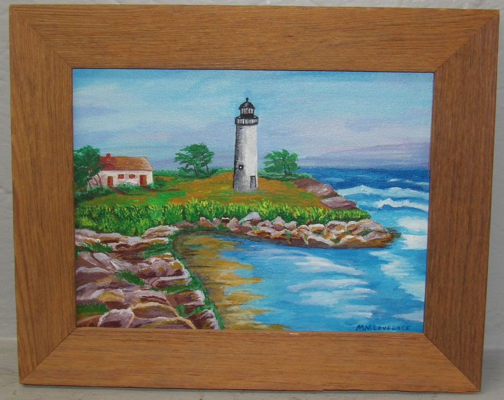 Framed Oil on Artist Board Lighthouse Coastal Scene Artist Signed Lovelace (1 of 3)