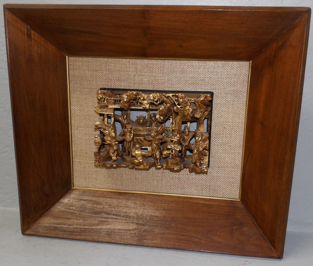 Chinese Carved Wood Open Work Plaque in Teak Wood Frame: Chinese Carved Wood Open Work Plaque in Teak Wood Frame. 16" x 18 1/2" ALL DESCRIPTIONS AND ANY CONDITION STATEMENT GIVEN BY LANGSTON AUCTION GALLERY ARE STRICTLY OPINIONS AND LANGSTON'S SHALL HAVE