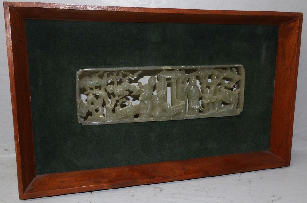 Chinese Carved Soapstone Plaque in Teak Wood Frame: Chinese Carved Soapstone Plaque in Teak Wood Frame. 8" x 13 3/4" ALL DESCRIPTIONS AND ANY CONDITION STATEMENT GIVEN BY LANGSTON AUCTION GALLERY ARE STRICTLY OPINIONS AND LANGSTON'S SHALL HAVE NO