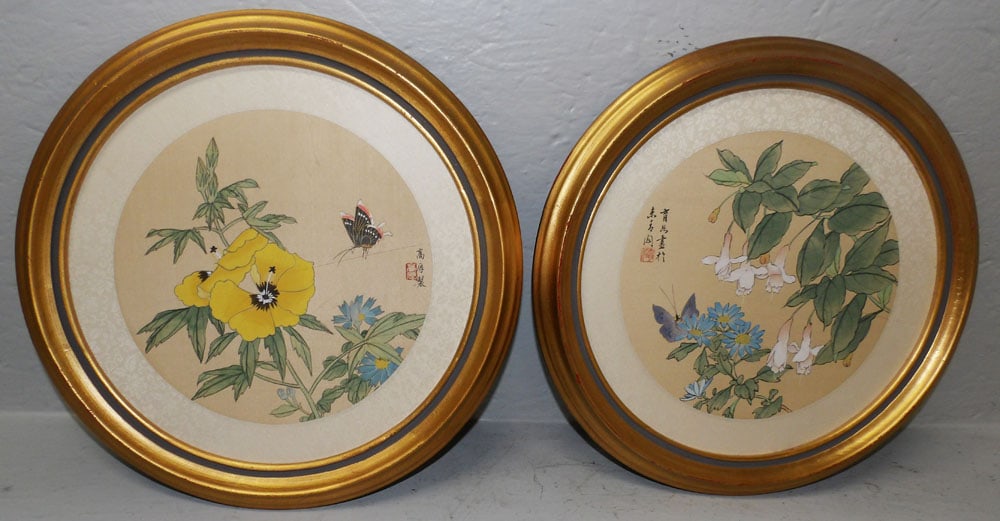 Pair of Framed Oriental Butterfly Watercolors on Silk Signed with Character Marks: Pair of Framed Oriental Butterfly Watercolors on Silk Signed with Character Marks. 14 1/2" Dia. ALL DESCRIPTIONS AND ANY CONDITION STATEMENT GIVEN BY LANGSTON AUCTION GALLERY ARE STRICTLY OPINIONS