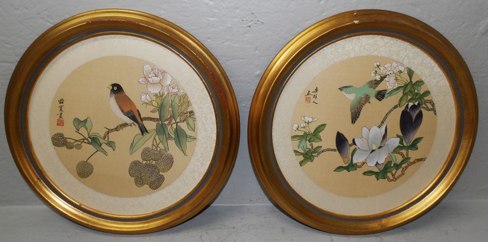 Pair of Round Frame Oriental Bird Watercolors on Silk Signed with Character Marks: Pair of Round Frame Oriental Bird Watercolors on Silk Signed with Character Marks. 14 1/2" Dia. ALL DESCRIPTIONS AND ANY CONDITION STATEMENT GIVEN BY LANGSTON AUCTION GALLERY ARE STRICTLY OPINIONS
