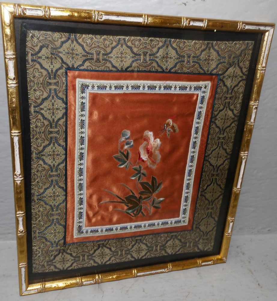 Framed Oriental Silk Embroidery in Faux Bamboo Frame: Framed Oriental Silk Embroidery in Faux Bamboo Frame . 12 1/2" x 11" ALL DESCRIPTIONS AND ANY CONDITION STATEMENT GIVEN BY LANGSTON AUCTION GALLERY ARE STRICTLY OPINIONS AND LANGSTON'S SHALL HAVE