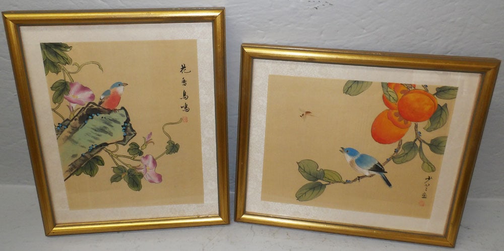 Pair of Framed Oriental Bird Watercolors on Silk Signed with Character Marks: Pair of Framed Oriental Bird Watercolors on Silk Signed with Character Marks. 13 1/4" x 11" ALL DESCRIPTIONS AND ANY CONDITION STATEMENT GIVEN BY LANGSTON AUCTION GALLERY ARE STRICTLY OPINIONS AND