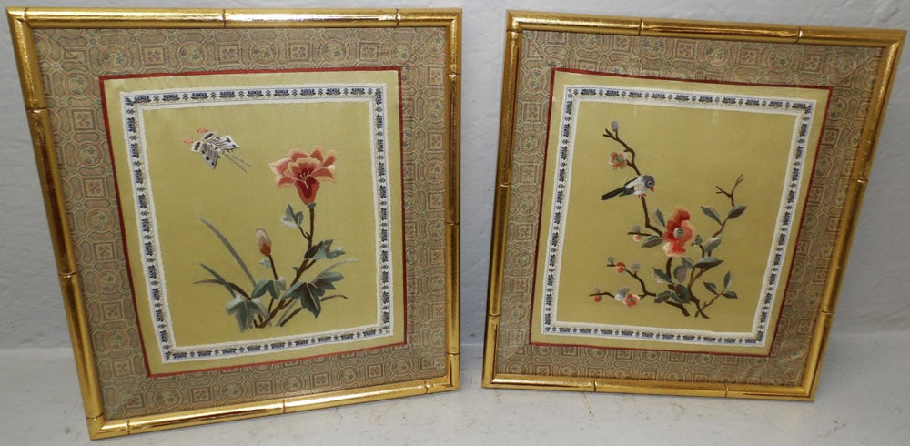 Pair of Oriental Silk Embroideries with Bird & Butterfly Motifs in Faux Bamboo Frames: Pair of Oriental Silk Embroideries with Bird & Butterfly Motifs in Faux Bamboo Frames. 12 1/2" x 11 1/2" ALL DESCRIPTIONS AND ANY CONDITION STATEMENT GIVEN BY LANGSTON AUCTION GALLERY ARE STRICTLY