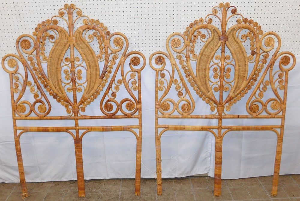 Pair of Ornate Natural Wicker Twin Headboards: Pair of Ornate Natural Wicker Twin Headboards . 59" H 42 1/4" W ALL DESCRIPTIONS AND ANY CONDITION STATEMENT GIVEN BY LANGSTON AUCTION GALLERY ARE STRICTLY OPINIONS AND LANGSTON'S SHALL HAVE NO