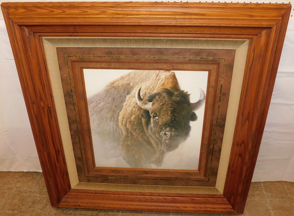 Large Bison Print in Chestnut Frame: Large Bison Print in Chestnut Frame. 46 1/4" x 46 1/2" ALL DESCRIPTIONS AND ANY CONDITION STATEMENT GIVEN BY LANGSTON AUCTION GALLERY ARE STRICTLY OPINIONS AND LANGSTON'S SHALL HAVE NO