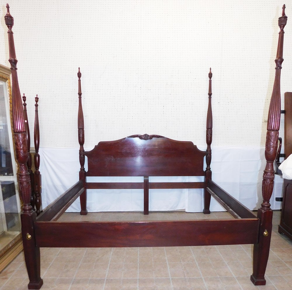 Mahogany Rice Carved King Size Four Post Bed by Lexington with Rails (1 of 6)
