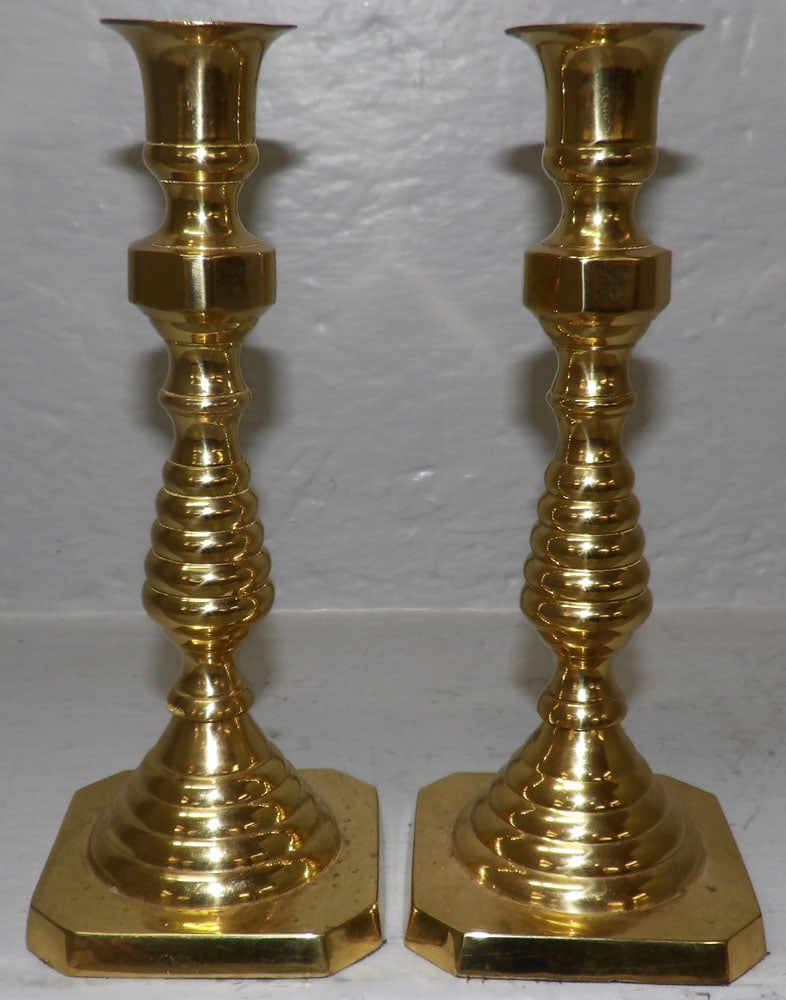 Pair of Brass Beehive Candlesticks Labeled Andrea by Sadek: Pair of Brass Beehive Candlesticks Labeled Andrea by Sadek. 8" H 3 1/4" Dia. ALL DESCRIPTIONS AND ANY CONDITION STATEMENT GIVEN BY LANGSTON AUCTION GALLERY ARE STRICTLY OPINIONS AND LANGSTON'S