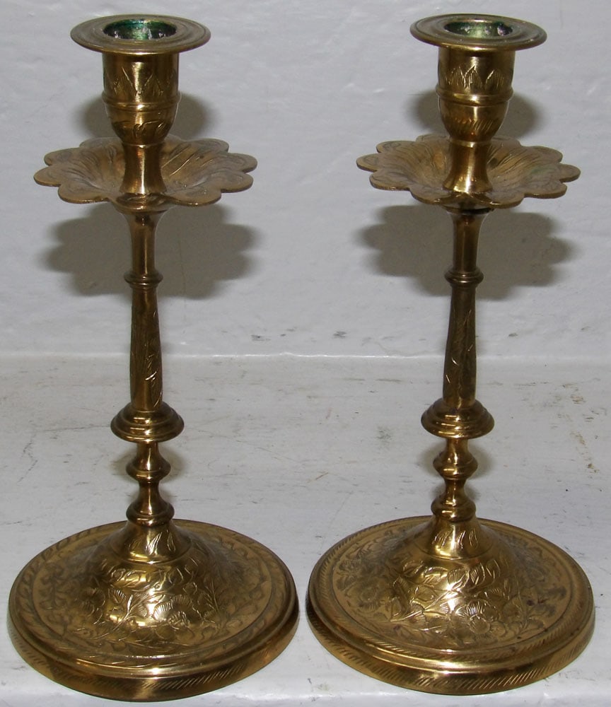 Pair of Etched Brass Candlesticks (1 of 2)
