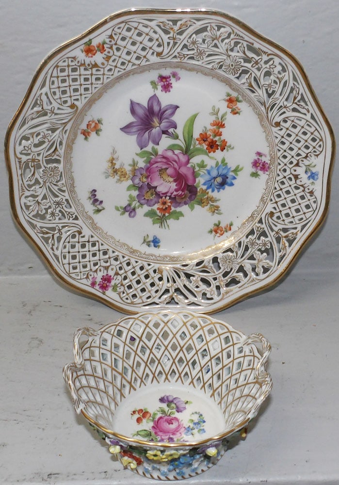 Dresden Porcelain Open Work Basket & Bowl: Dresden Porcelain Open Work Basket & Bowl . Up to 10 1/4" Dia. ALL DESCRIPTIONS AND ANY CONDITION STATEMENT GIVEN BY LANGSTON AUCTION GALLERY ARE STRICTLY OPINIONS AND LANGSTON'S SHALL HAVE NO RESPONS