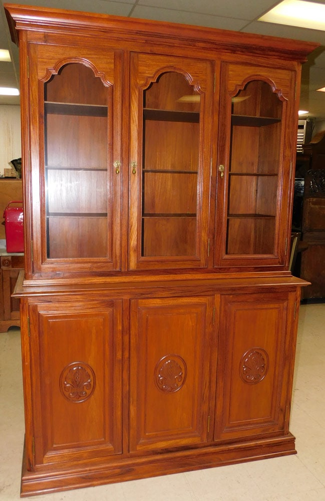 Two Piece Oriental Teak Wood Glass Door China Cabinet (1 of 8)