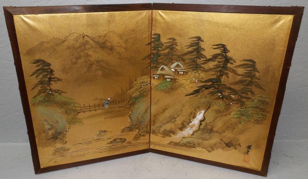 Two Panel Oriental Watercolor on Silk Table Top Screen Signed with Character Marks: Two Panel Oriental Watercolor on Silk Table Top Screen Signed with Character Marks . 15 1/2" H 22 1/2" W ALL DESCRIPTIONS AND ANY CONDITION STATEMENT GIVEN BY LANGSTON AUCTION GALLERY ARE STRICTLY