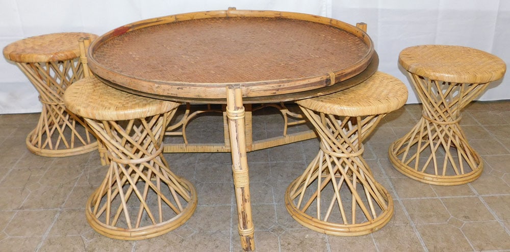 Oriental Rattan Cocktail Table & Four Stools: Oriental Rattan Cocktail Table & Four Stools . Table 21 1/2" H 42" Dia. ALL DESCRIPTIONS AND ANY CONDITION STATEMENT GIVEN BY LANGSTON AUCTION GALLERY ARE STRICTLY OPINIONS AND LANGSTON'S SHALL