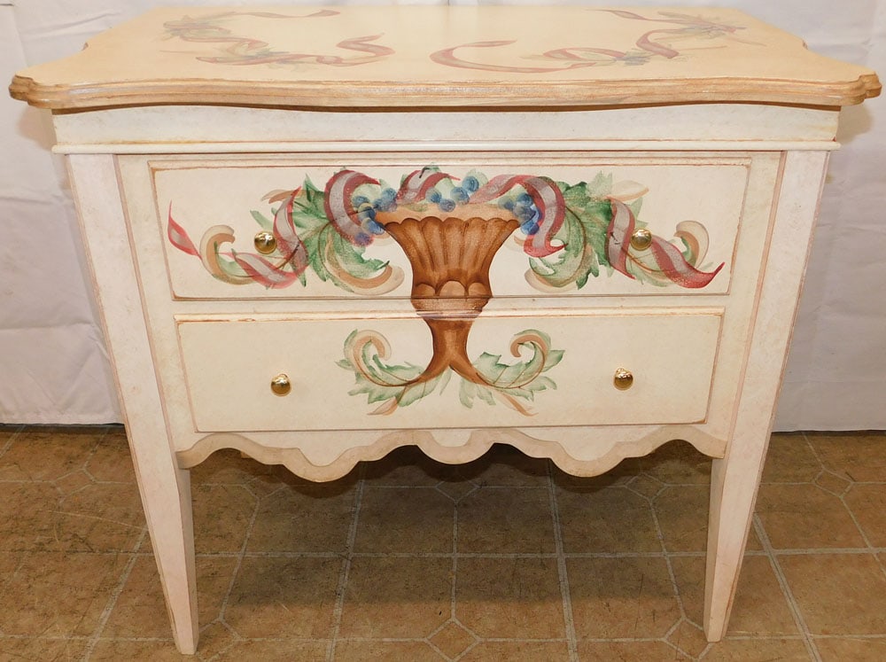 Paint Decorated Two Drawer Stand: Paint Decorated Two Drawer Stand . 28" H 30 1/4" W 18" D ALL DESCRIPTIONS AND ANY CONDITION STATEMENT GIVEN BY LANGSTON AUCTION GALLERY ARE STRICTLY OPINIONS AND LANGSTON'S SHALL HAVE NO