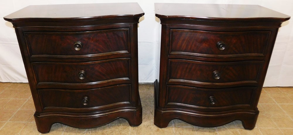 Pair of Flame Mahogany Three Drawer Night Stands by Havertys: Pair of Flame Mahogany Three Drawer Night Stands by Havertys . 31 1/2" H 29 3/4" W 19" D ALL DESCRIPTIONS AND ANY CONDITION STATEMENT GIVEN BY LANGSTON AUCTION GALLERY ARE STRICTLY OPINIONS AND