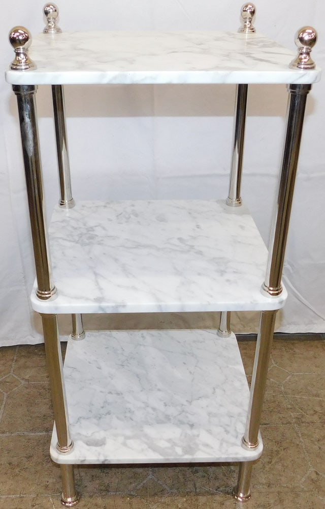Marble & Chrome Three Tier Stand: Marble & Chrome Three Tier Stand . 30" H 14" W 14" D ALL DESCRIPTIONS AND ANY CONDITION STATEMENT GIVEN BY LANGSTON AUCTION GALLERY ARE STRICTLY OPINIONS AND LANGSTON'S SHALL HAVE NO RESPONSIBILITY