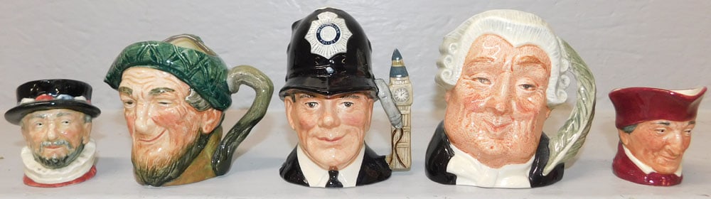 Five Small Royal Doulton Toby Mugs: Five Small Royal Doulton Toby Mugs. Up to 4" H 3 3/4" W ALL DESCRIPTIONS AND ANY CONDITION STATEMENT GIVEN BY LANGSTON AUCTION GALLERY ARE STRICTLY OPINIONS AND LANGSTON'S SHALL HAVE NO