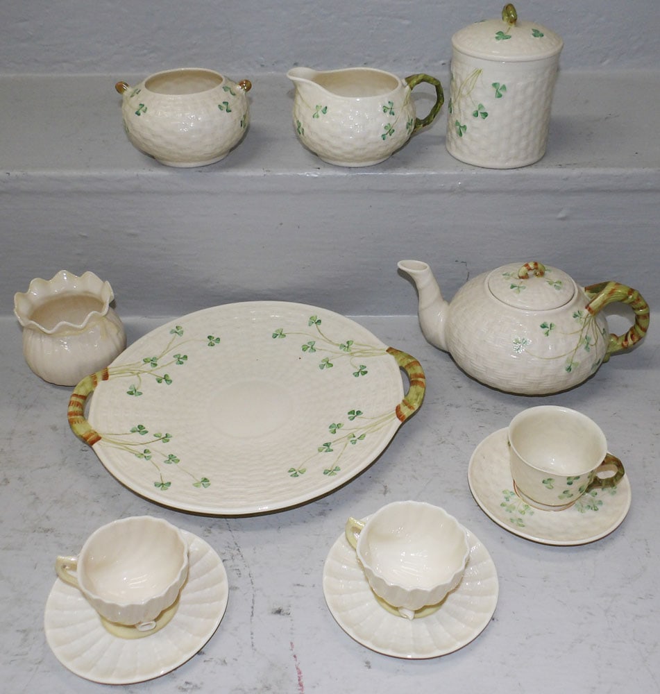 Twelve Pieces of Irish Beleek Porcelain: Twelve Pieces of Irish Beleek Porcelain. Up to 11" W 9 3/4" D ALL DESCRIPTIONS AND ANY CONDITION STATEMENT GIVEN BY LANGSTON AUCTION GALLERY ARE STRICTLY OPINIONS AND LANGSTON'S SHALL HAVE NO RESPONSI