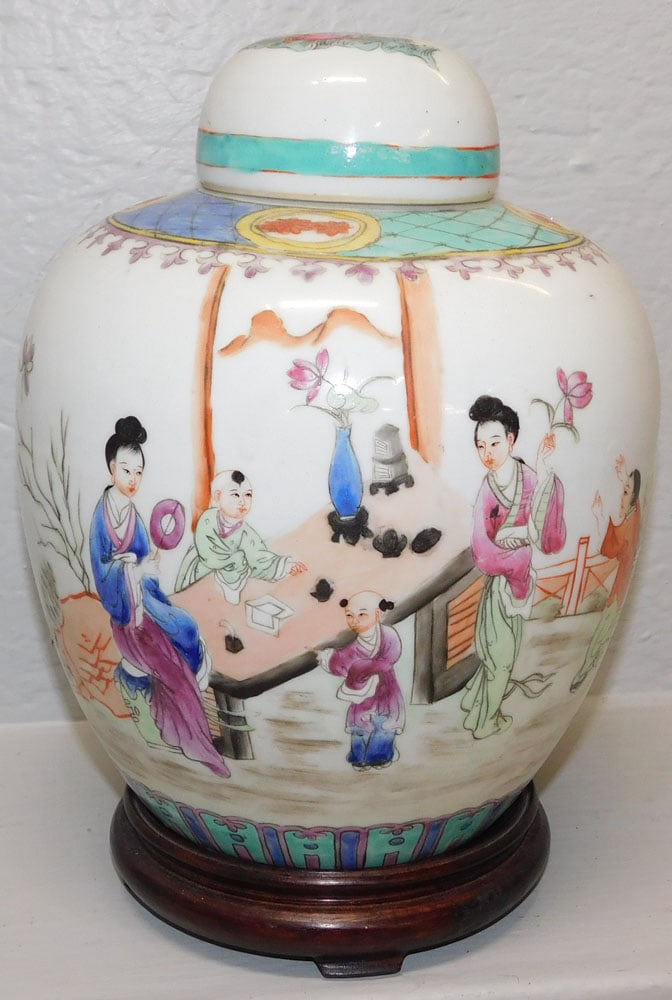 Oriental Porcelain Ginger Jar on Teak Wood Stand: Oriental Porcelain Ginger Jar on Teak Wood Stand. 12" H 8 1/4" Dia. ALL DESCRIPTIONS AND ANY CONDITION STATEMENT GIVEN BY LANGSTON AUCTION GALLERY ARE STRICTLY OPINIONS AND LANGSTON'S SHALL HAVE NO RE