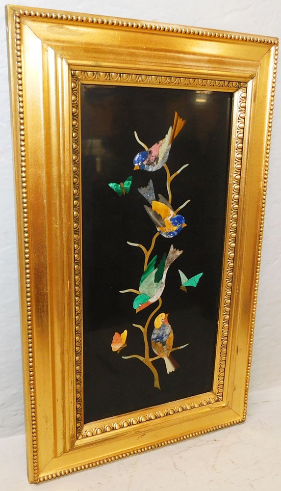 Framed Pietra Dura Bird & Butterfly Motif Plaque in Gilded Frame: Framed Pietra Dura Bird & Butterfly Motif Plaque in Gilded Frame. 15 1/4" x 9 1/4" ALL DESCRIPTIONS AND ANY CONDITION STATEMENT GIVEN BY LANGSTON AUCTION GALLERY ARE STRICTLY OPINIONS AND