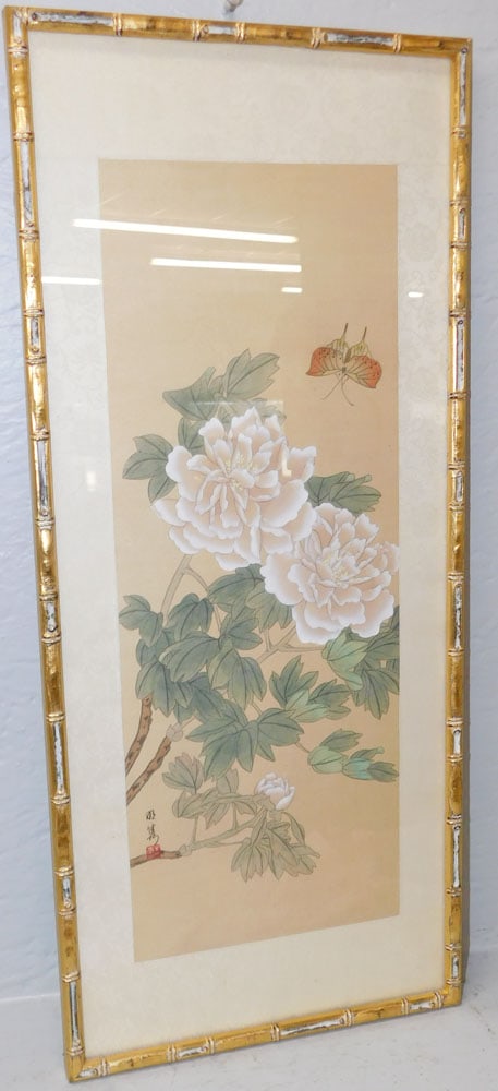 Framed Oriental Watercolor on Silk in Faux Bamboo Frame: Framed Oriental Watercolor on Silk in Faux Bamboo Frame. 24 1/4" x 10 1/2" ALL DESCRIPTIONS AND ANY CONDITION STATEMENT GIVEN BY LANGSTON AUCTION GALLERY ARE STRICTLY OPINIONS AND LANGSTON'S SHALL
