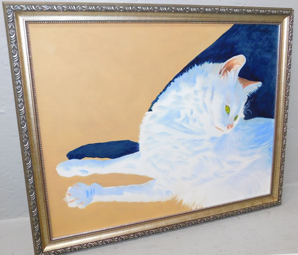 Framed Oil on Canvas of Cat Laying on Side Artist Signed: Framed Oil on Canvas of Cat Laying on Side Artist Signed. 18 1/4" x 22 1/4" ALL DESCRIPTIONS AND ANY CONDITION STATEMENT GIVEN BY LANGSTON AUCTION GALLERY ARE STRICTLY OPINIONS AND LANGSTON'S SHALL