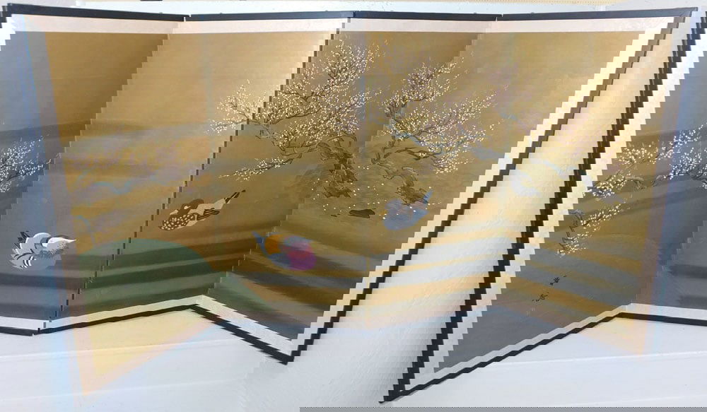 Oriental Four Panel Watercolor Folding Screen: Oriental Four Panel Watercolor Folding Screen . 36" x 73" ALL DESCRIPTIONS AND ANY CONDITION STATEMENT GIVEN BY LANGSTON AUCTION GALLERY ARE STRICTLY OPINIONS AND LANGSTON'S SHALL HAVE NO