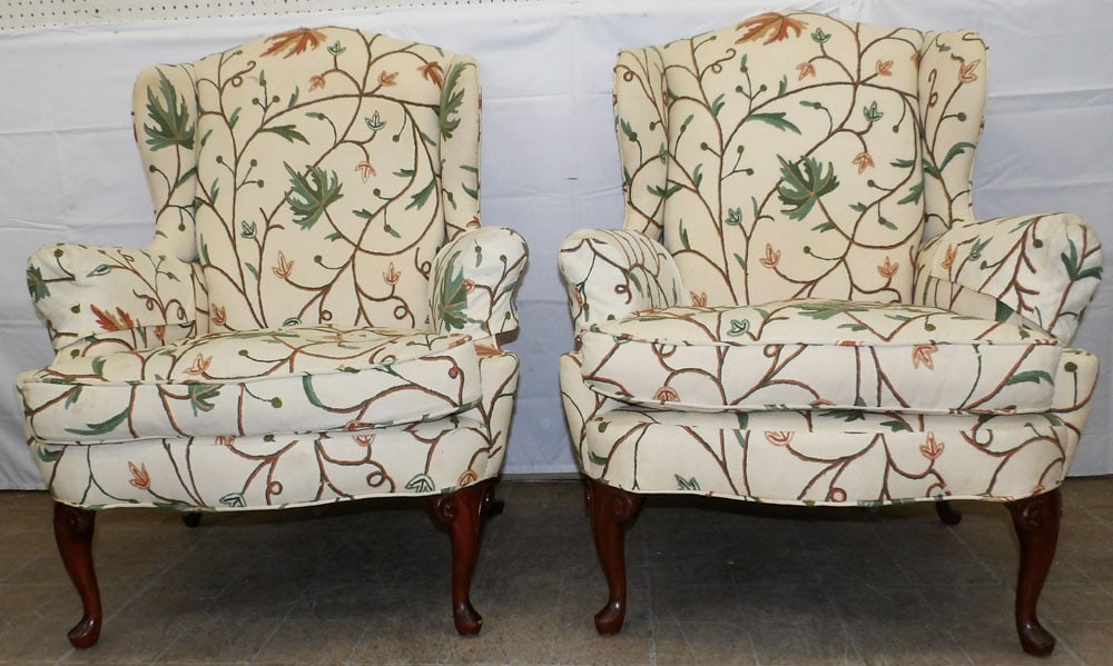 Pair of Crewel Work Upholstered Queen Anne Style Wing Back Chairs: Pair of Crewel Work Upholstered Queen Anne Style Wing Back Chairs . 40 1/2" H 32" W 34" D ALL DESCRIPTIONS AND ANY CONDITION STATEMENT GIVEN BY LANGSTON AUCTION GALLERY ARE STRICTLY OPINIONS AND