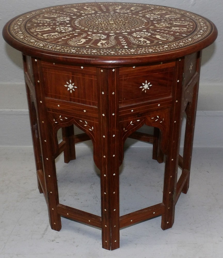 Oriental Teak Wood & Bone Inlaid Two Part Stand: Oriental Teak Wood & Bone Inlaid Two Part Stand . 20 1/4" H 20 Dia. ALL DESCRIPTIONS AND ANY CONDITION STATEMENT GIVEN BY LANGSTON AUCTION GALLERY ARE STRICTLY OPINIONS AND LANGSTON'S SHALL HAVE NO